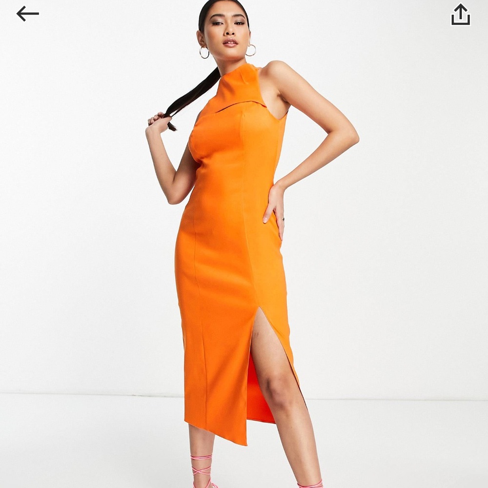 Orange color MIDI dress.